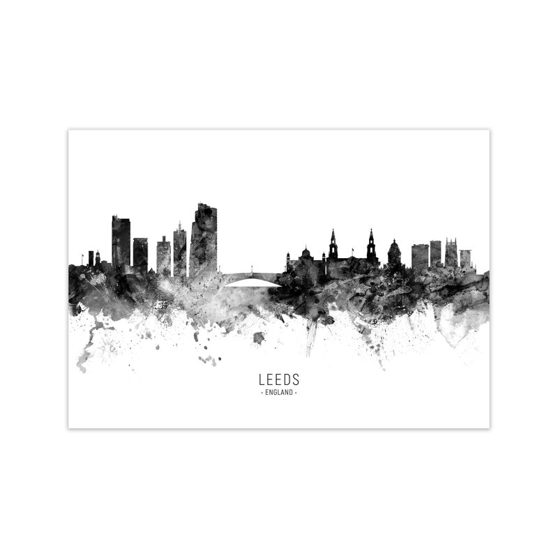 Leeds England Skyline Black White City Name by Michael Tompsett - Print, 30cm H x 42cm W x 1cm D, Unframed