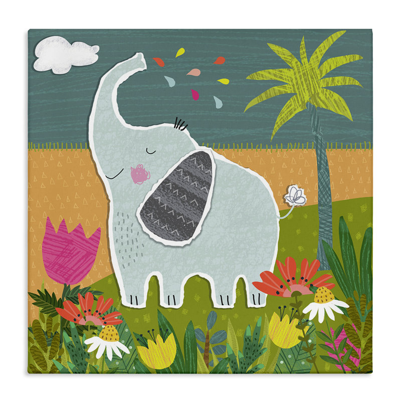 Art mural sur toile, "Tropical Elephant Scene" par Tina Finn, H 17 po x l 17 po