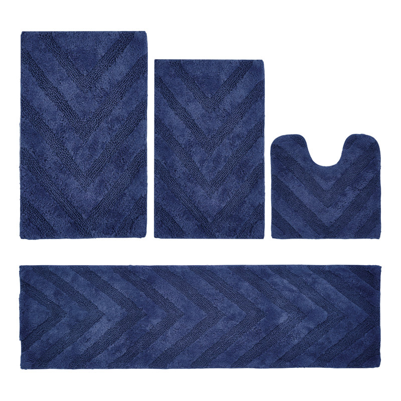 Ensemble de tapis pour salle de bain 100% coton de qualité supérieure Hugo 4 pièces avec envers antidérapant, lavable à la machine, luxueux tapis Chervon à motif super absorbant et touffeté pour la salle de bain, la douche et la baignoire
