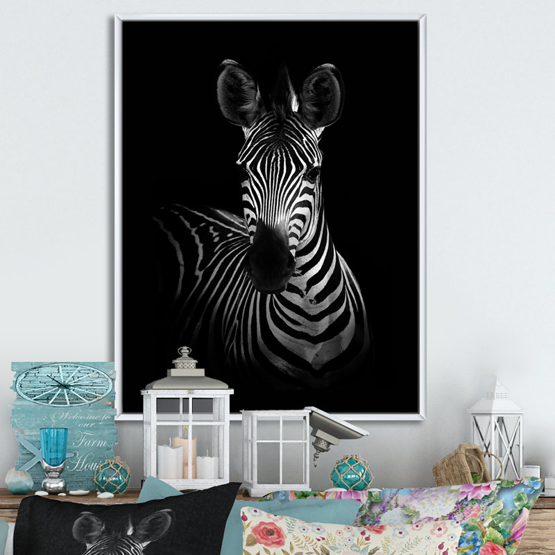 Zèbre en noir et blanc - reproduction d'art sur toile, H 20 po x l 12 po x P 1 po, Cadre flottant blanc