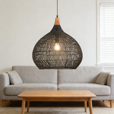 Très grand luminaire suspendu en rotin noir, lustre en osier tissé à la main avec base en bois massif, luminaire suspendu en forme de goutte d'eau pour salle à manger, îlot de cuisine, salon et décor de maison de campagne
