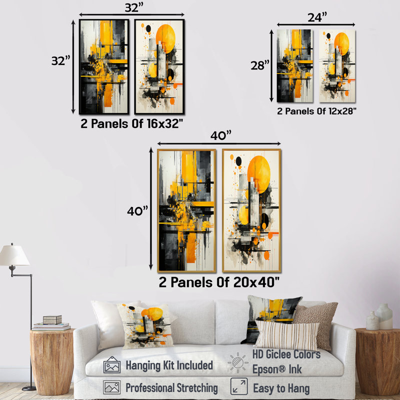 Collage géométrique jaune et noir II - ensemble de 2 reproductions de toiles abstraites, H 28 po x l 25 po, Cadre noir