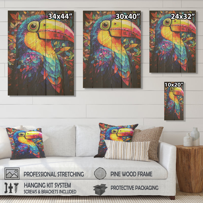 Jaune et bleu, jungle tropicale toucan I - animal toucan sur bois, H 32 po x l 24 po