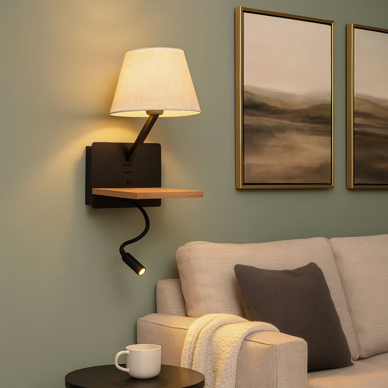 Artin Modern Reading Wall Light With Usb & Usb-c Ports, Adjustable Led Spotlight, Fabric Shade And Wood Shelf, Black