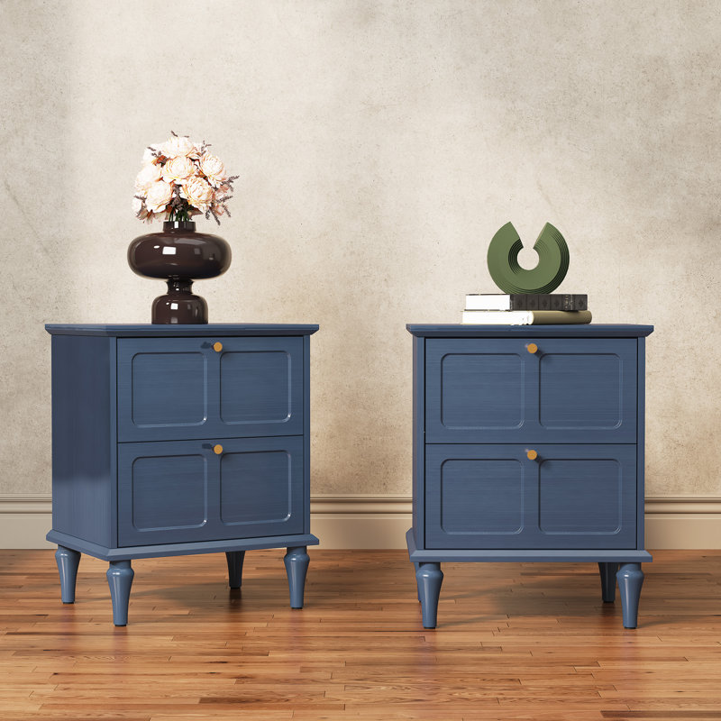 Mid-Century Modern Nightstand with Draws（set of 2）, Blue