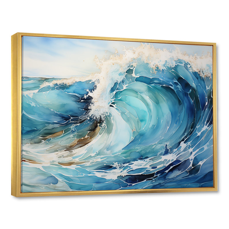 «Blue Wave Ocean Storm I» sur toile, Cadre flottant doré, H 34 po x l 44 po x P 1,5 po