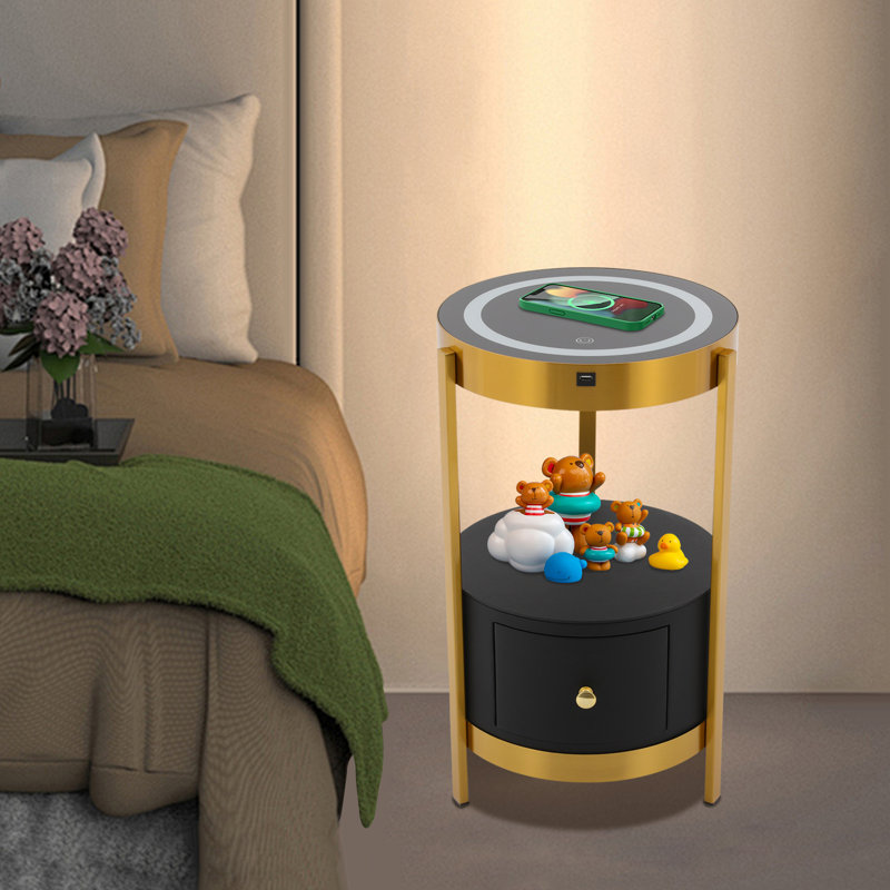 Table de bout ronde pour canapé avec port USB et station de charge sans fil 13,78 x 24,4 po (D * H), Noir et or
