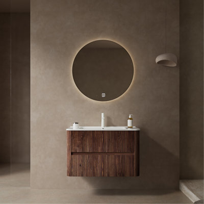 Meuble-lavabo 30 po avec lavabo, armoire de rangement murale en contreplaqué flottant avec 2 tiroirs, lavabo en céramique blanche, sans robinet, pré-assemblé, couleur grain de bois noyer rétro
