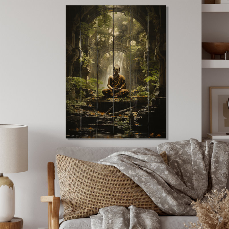 «Green Buddhist Art Buddhas Enlightenment» sur impression sur bois, H 40 po x l 30 po x P 0,78 po