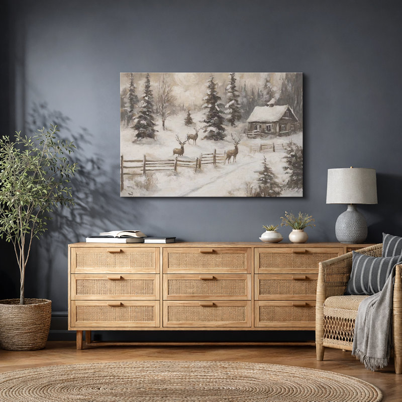Hiver, campagne rustique, Noël, cerf, pin, forêt, décor de vacances, impression sur toile encadrée, Toile tendue