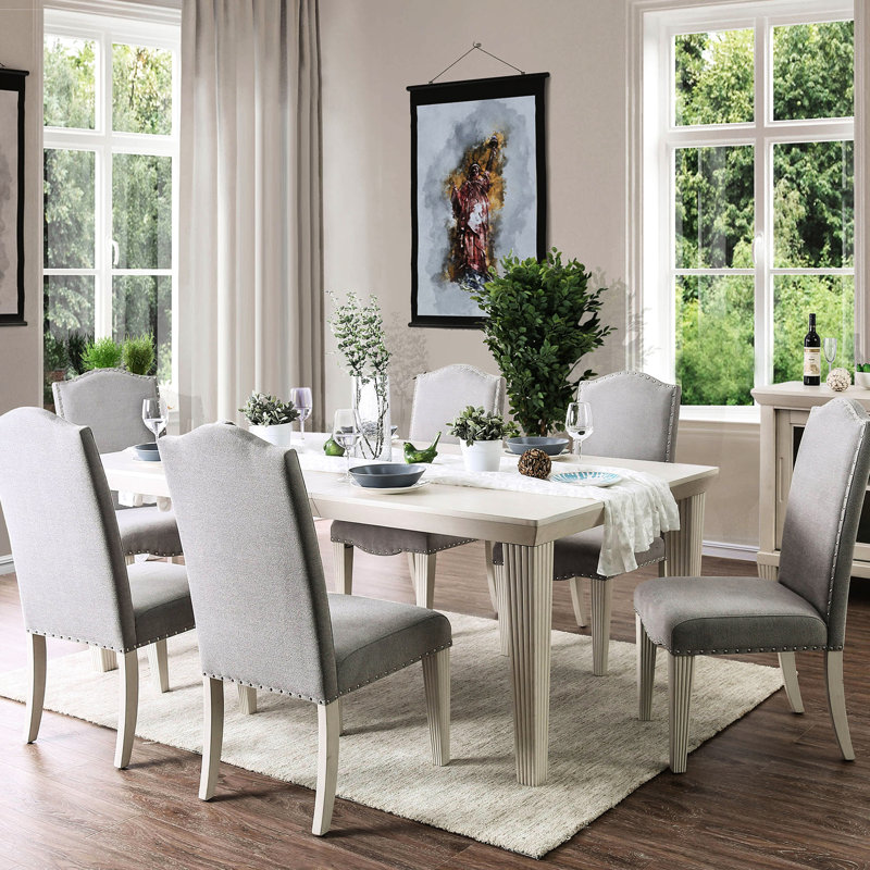 Chaise de salle à manger transitionnelle en tissu gris pour 2 personnes, structure blanc antique, dossier brun clair, pieds cannelés, chaise rembourrée 2 chaises, style gris, chaise, fabrication en bois massif