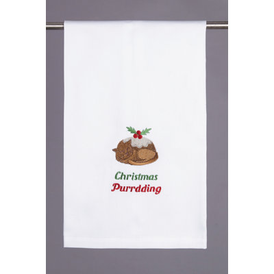 Christmas Purrdding Embroidered Cotton Tea Towel