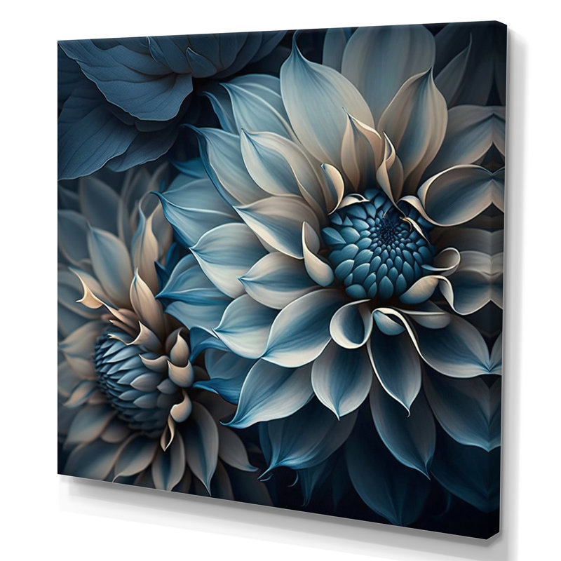 Dahlia fleurs bleu et blanc II - art mural Dahlia pour le salon, H 30 po x l 30 po, Toile tendue