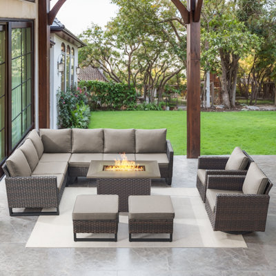 Ingvald 8- Person Outdoor PE Wicker Patio Conversation Set with Fire Pit, Ottomans and Cushions