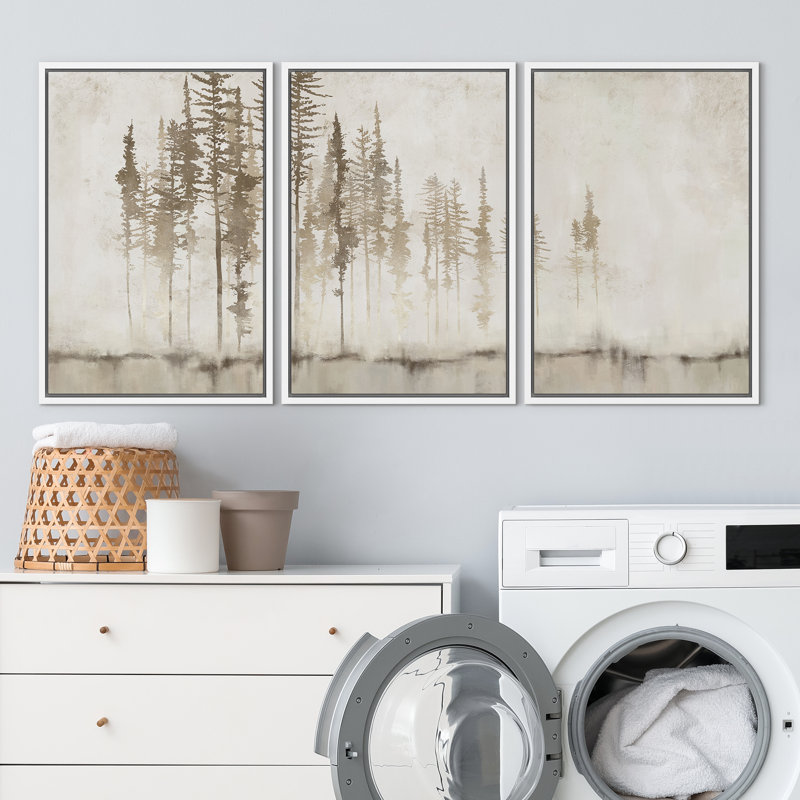 Pastel Abstract Tree Subtle Neutral Modern Rustic Home Decor - Framed Canvas Print Wall Art Work, 36" H x 72" W, White