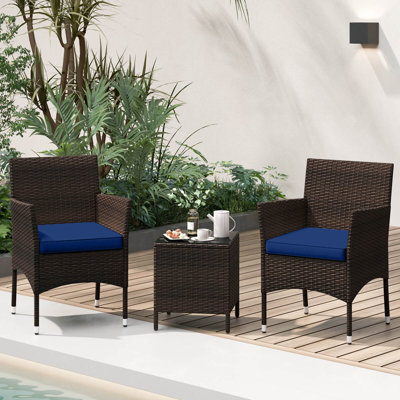 Ensemble de conversation d'extérieur 3 pièces avec siège rembourré et plateau en verre trempé bleu marine