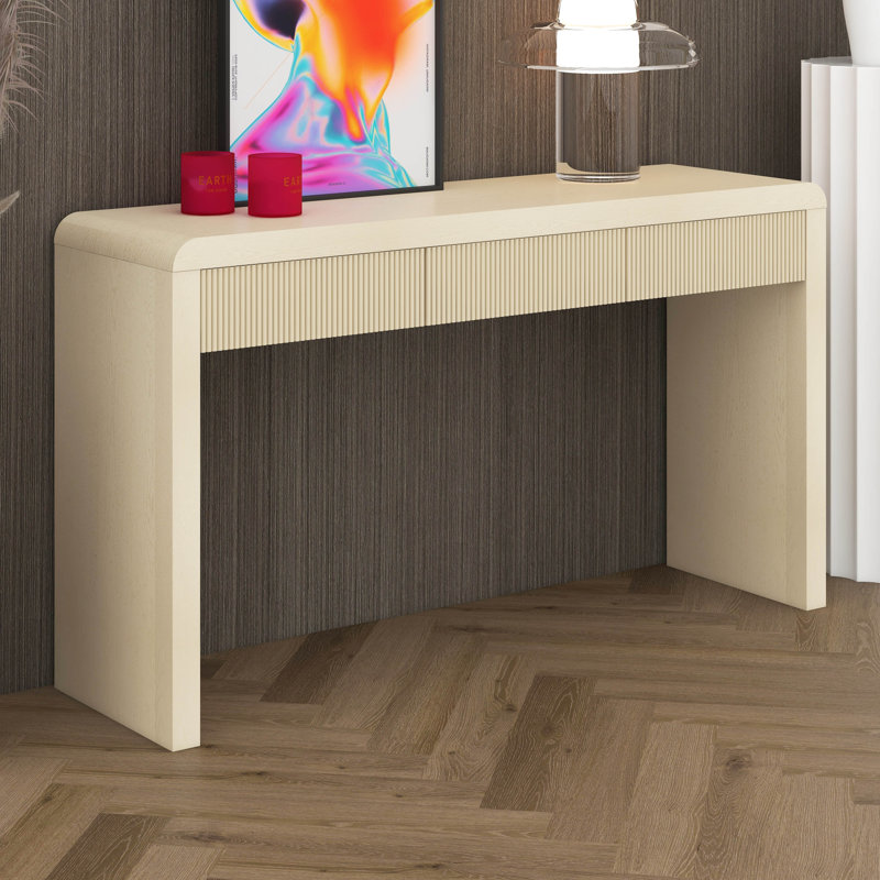 Console avec 3 tiroirs cannelés, tables de canapé rustiques avec placage en bois massif et grain de bois, table d'entrée en placage de bois