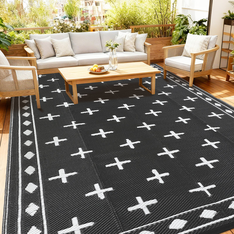 Modern Cross Outdoor Rug 8x10 Patio Waterproof, Neutral Border Outdoor Plastic Straw Rug with Portable Bag, Camping Rugs for Outside Your RV, Reversible Mats for Backyard, Camper, Black