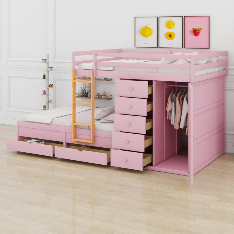 Bunk Bed With 2 Large Drawers 5 Small Drawers And Built-In Small Wardrobe, Sakura Pink