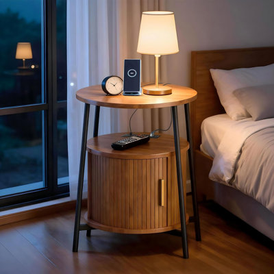 End Tables Set Of 2 & Charging Station, Fluted Accent Side Table With Sliding Door, Mid-century Modern Nightstand Set Of 2 For Small Space, Living Room, Bedroom Sofa Couch