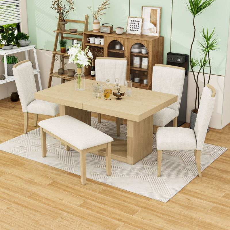 Ensemble de table de salle à manger 6 pièces avec rallonge amovible, chaises rembourrées et banc