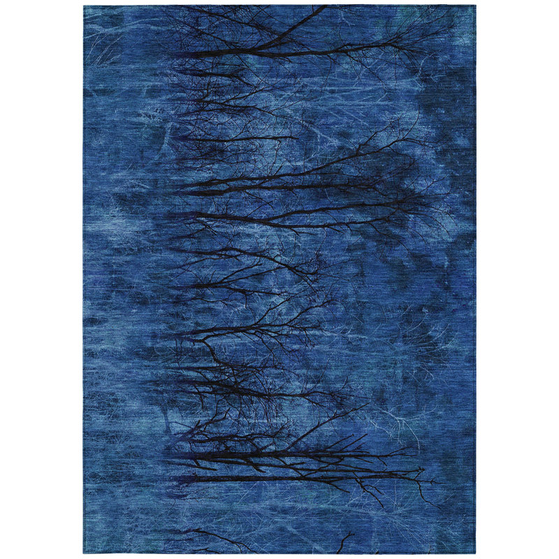 Tapis extérieur lavable floral bleu et gris anthracite 5 pi x 8 pi