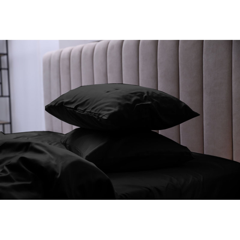 Luxury Deep Pockets Silky Satin Feel Sheet Set, Black, Queen Sheet Set with 2 Pillowcases