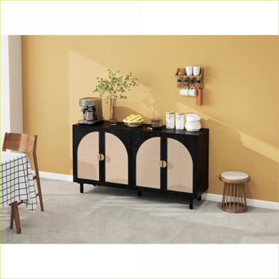 Armoires | Armoire de rangement en rotin d'ingénierie à 4 portes, tablettes réglables, rangement multi-pièces anti-basculement | Traditionnel | Panneau de particules et panneau de fibres à densité moyenne
