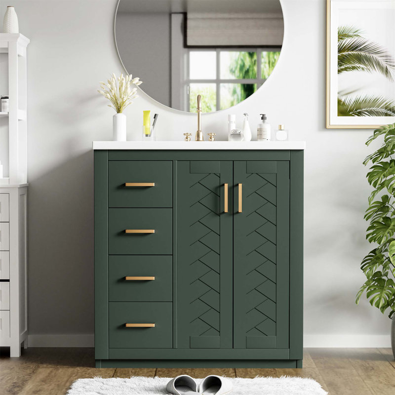 30'' Bathroom Vanity With Ceramic Sink Combo,Solid Wood Frame Bathroom Storage Cabinet, Freestanding Vanity Set With 3 Drawers&Soft Closing Doors