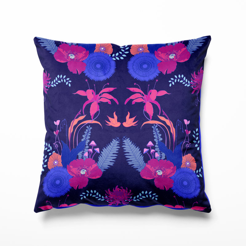 Velvet Throw Pillow, Blue/Pink/Orange/Purple Floral 1