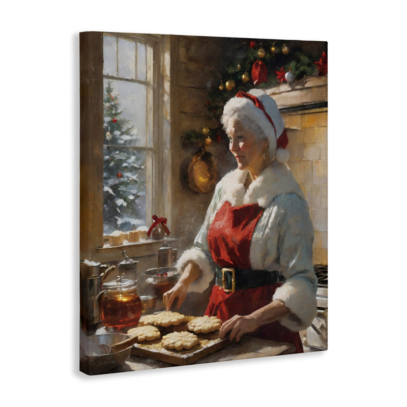 Mme. Claus, faisant cuire des biscuits, toile par Jo Moulton, H 20 po x l 16 po