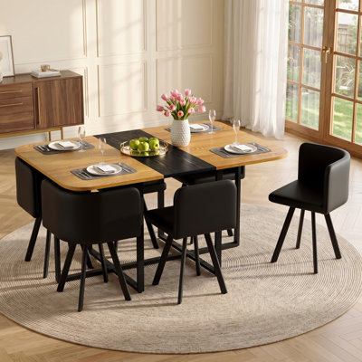 7-Piece Space-Saving Nesting Dining Table Set with 6 Upholstered Chairs