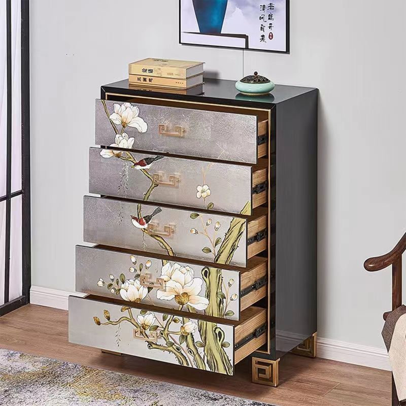 Painted Five-Drawer Silver Foil Accent Cabinet