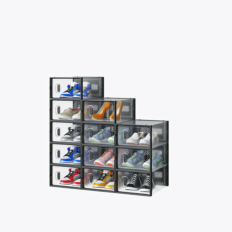 Black Shoe Storage Box Organizers Stackable (Set Of 12)