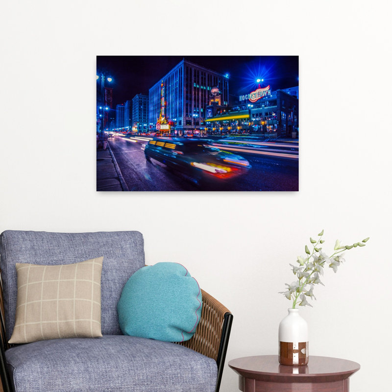 Car At Night City Street Woodward Avenue Downtown Detroit Michigan USA by Vito Palmisano - Wrapped Canvas Print
