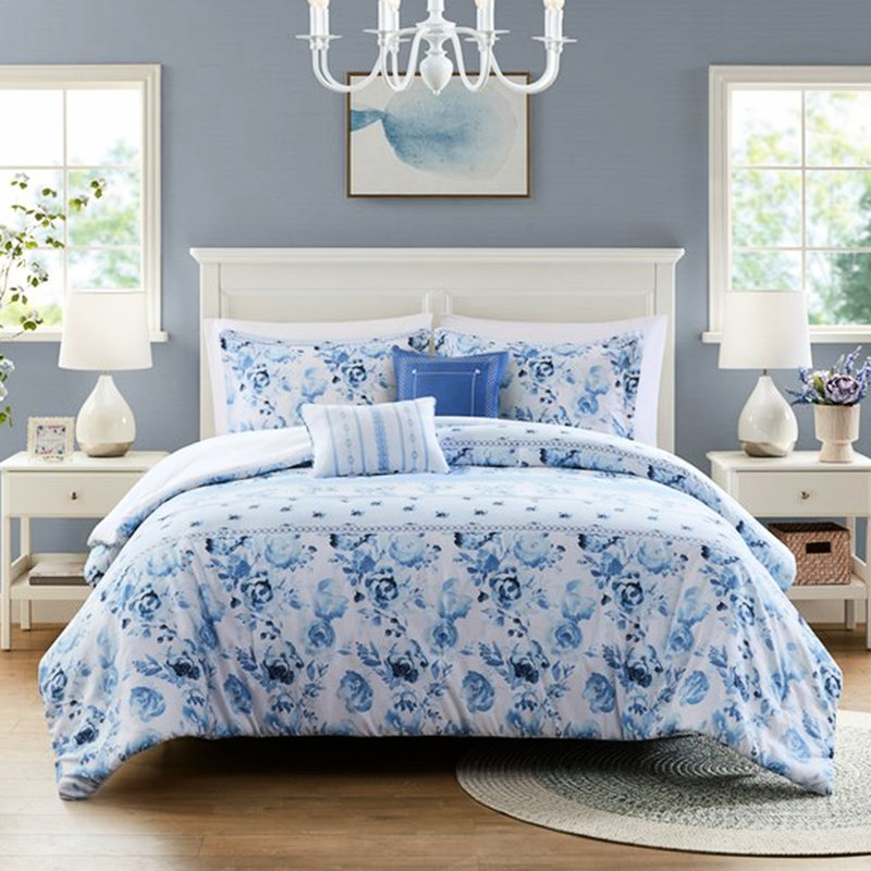 Édredon en microfibre double / grand, motif floral rayé attrayant, 2 taies décoratives, coussins décoratifs, motif de literie, rembourrage,