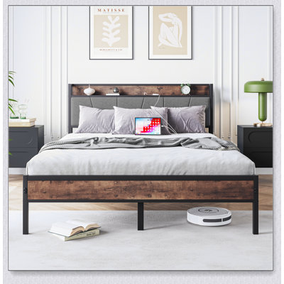 Upholstered Bed Frame with Storage Headboard and Built-in Charging Station, Combining Comfort and Convenience for Modern Bedrooms.