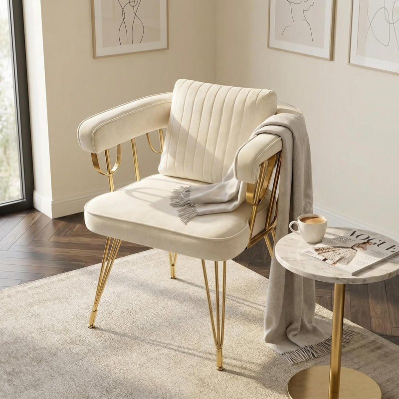 20.9' Wide Velvet Upholstered Accent Makeup Chair with Back & Solid Golden Legs, Beige