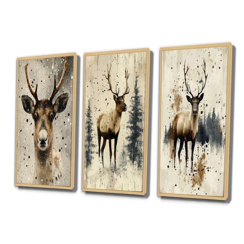 Gentle Reindeer I - Collection de 3 panneaux muraux de Noël, 32" H x 48" W, Impression encadrée flottante, Crème, crème