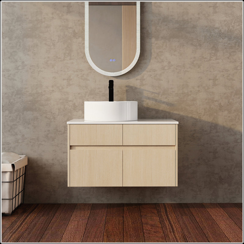 Meuble-lavabo mural 32 po avec lavabo en céramique, portes à fermeture en douceur et tiroir, fabrication de panneaux de particules