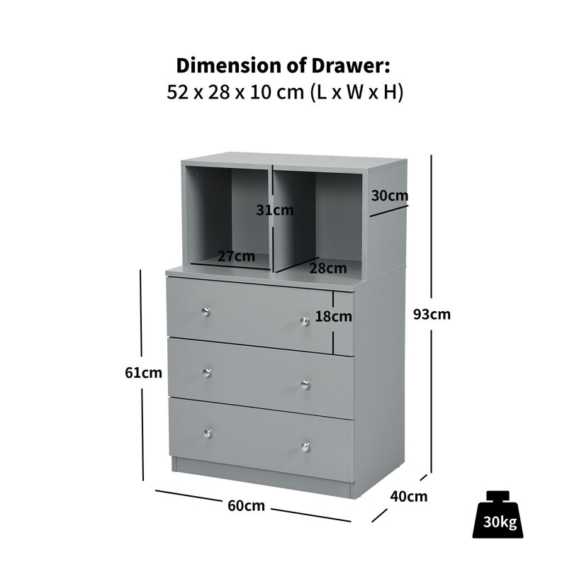 60 cm W Chest of 3 Drawers, Grey