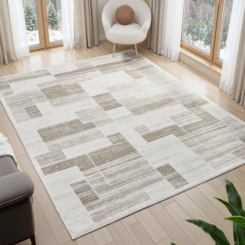 Huseman Beige Mosaic Block Area Rug, Rectangle 7'7" x 9'6"