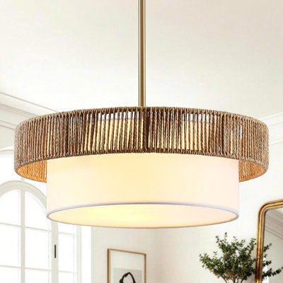 3-Light 15.47"W Brass Boho Hand-Woven Rattan Pendant Light Farmhouse Drum Chandelier For Kitchen,Dining Room