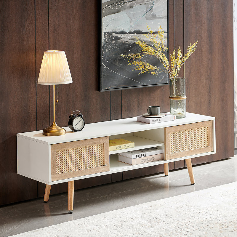 Meuble télé, portes coulissantes doubles pour rangement, tablette réglable, pieds en bois massif, Blanc