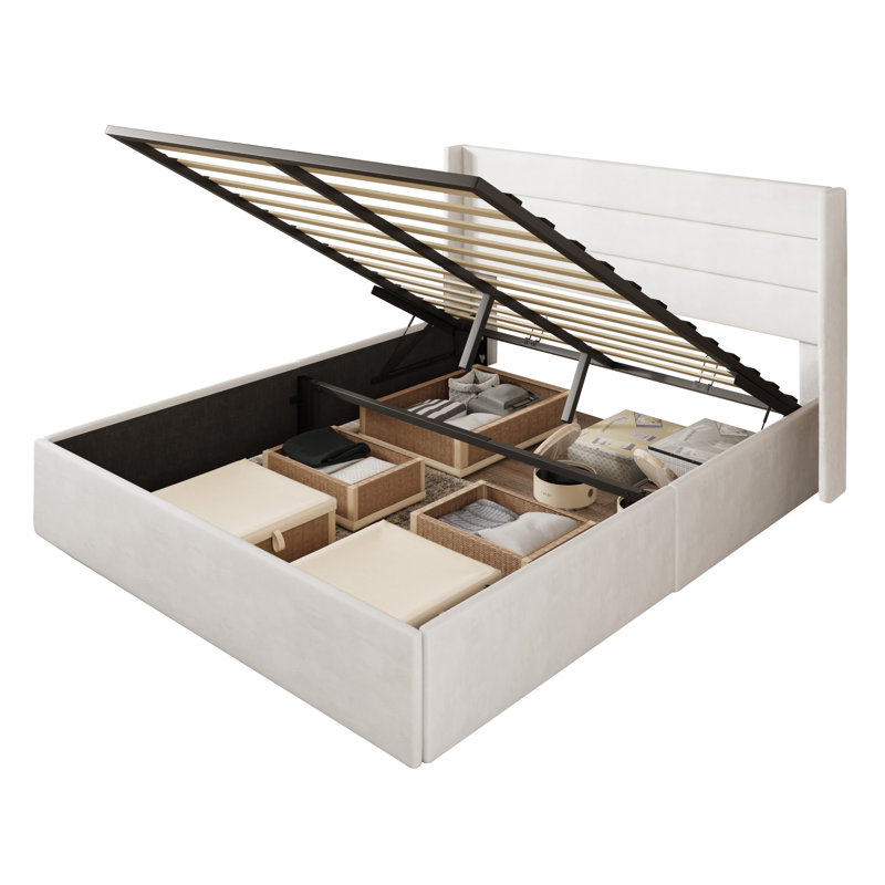 Lit plateforme tapissier rabattable hydraulique avec rangement Braya, Très grand, Velours blanc