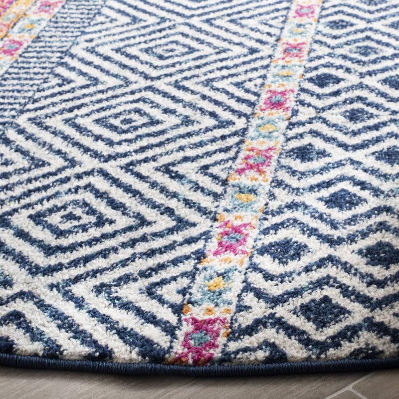 Tapis bleu marine / ivoire à motif géométrique Felty, Rond 4 pi