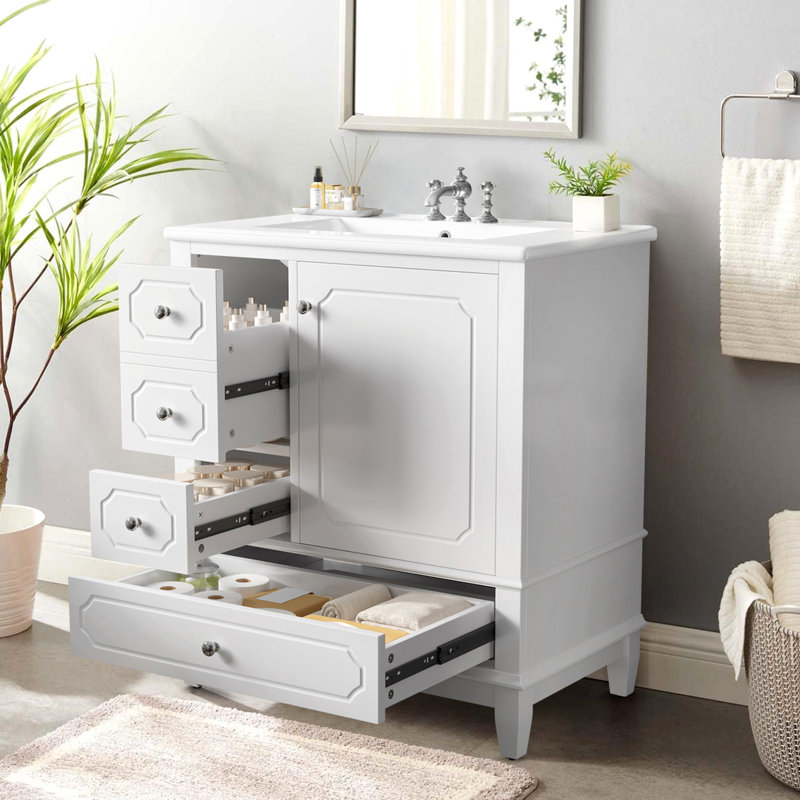Meuble-lavabo moderne 30 po avec lavabo en céramique, Argent argent, Blanc