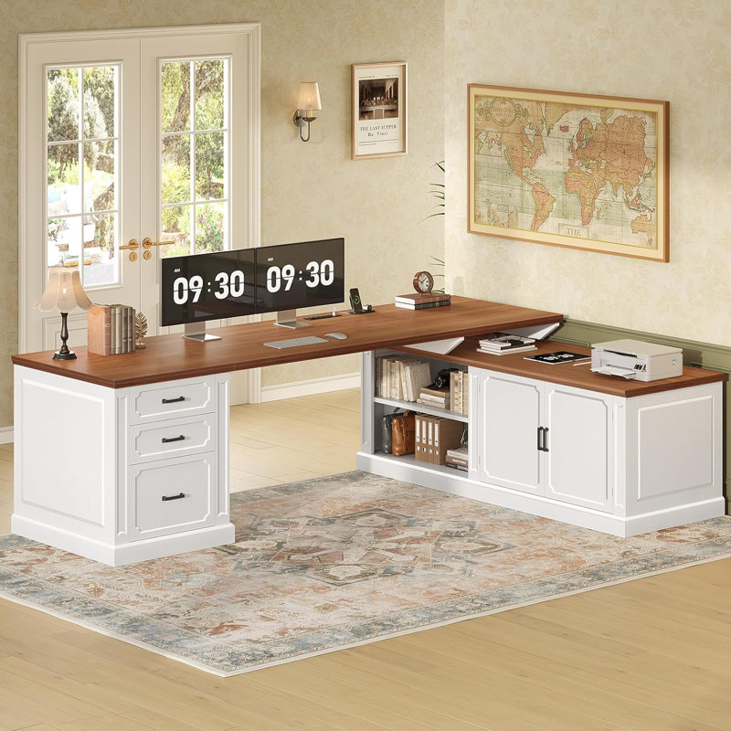 Farmhouse L Shaped Desk With Drawers, 70.9" Home Office Desk With Storage Cabinet, White