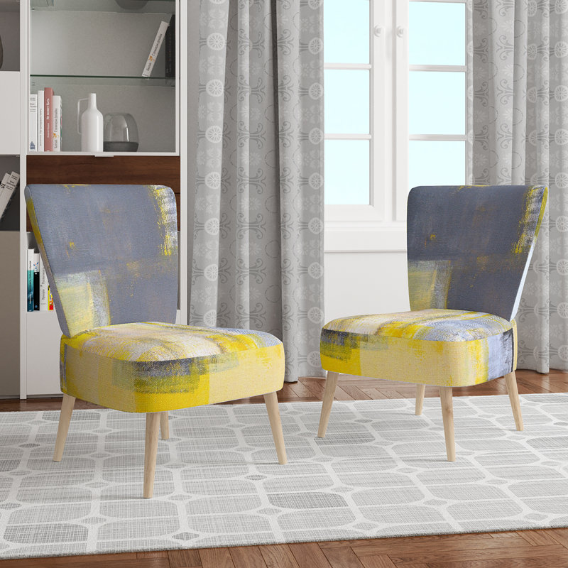 Upholstered Floral Side Chair - Modern floral Accent Chair, Abstract Gray/Yellow Polyester Blend