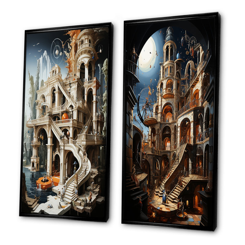 Schéma d'un château, ensemble d'art mural sur toile 2 châteaux, H 28 po x l 25 po, Cadre flottant noir